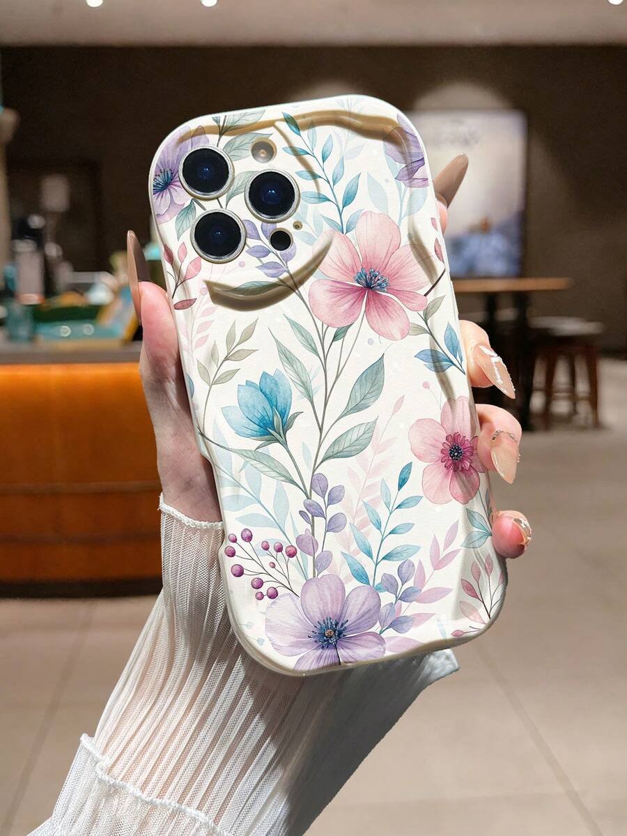 Cream Textured Wavy Edge Glossy Floral Protective Phone Case Compatible With IPhone 17pro/17Air /17/17promax16/11/16pro/16plus/16promax/16e/15Promax/13/14/12/XS/XR/7G/8P, Compatible With Samsung Galaxy 11/12Pro/12/12X/13Pro/14Pro/15Pro/, Compatible With Redmi 10/9/Note9/12c/Note11pro/Note8Pro - Multicolor - View 1