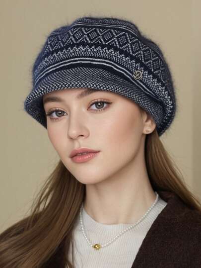 1顶女士波西米亚风针织贝雷帽，带帽檐，短帽檐，秋冬户外适用，保暖透气，百搭优雅，适合中老年人，适合各种场合。