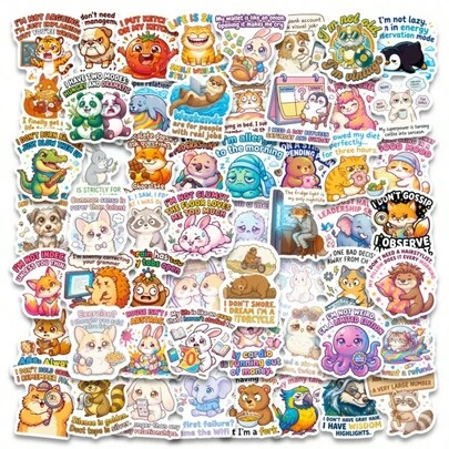 56 miếng dán hình động vật hoạt hình sáng tạo và chữ graffiti hài hước, nhãn dán trang trí thủ công độc đáo xuyên biên giới dùng cho sổ tay, máy tính xách tay, cốc nước, quà tặng tiệc tùng.