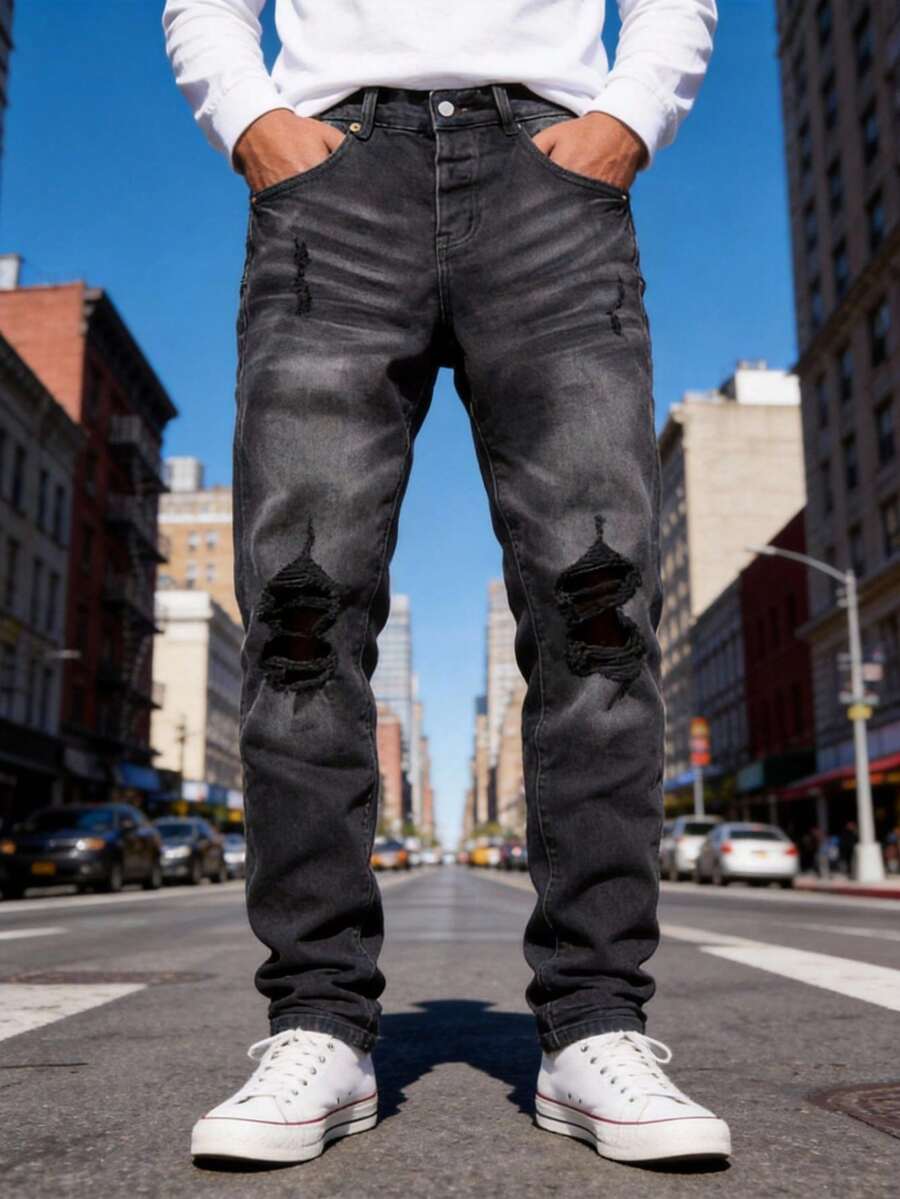 2026 New Men's Black-Purple Stardust Mini Flared Jeans Elastic Material Small Hole Slim Fit Stylish Daily Wear Casual Denim Pants - 黑色 - 查看 1