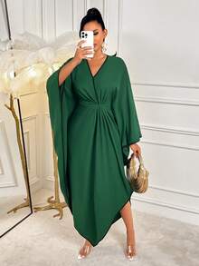 AIJ Robe maxi Amarilo pour femmes avec blocs de couleurs pour le Ramadan - Manches chauve-souris à volants avec lien, ourlet asymétrique, élégante pour l'Aïd - Vert - Voir 6