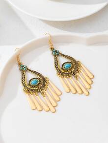 1 Pair Bohemian Turquoise Tassel Drop Earrings, Vintage Gold Plated Dangle Earrings For Women, Retro Teardrop Boho Jewelry For Party & Vacation - Ancient Bronze - View 5