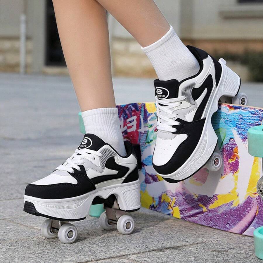 1双街头风四轮直排轮滑鞋，PU轮滑鞋，可伸缩系带轮滑鞋，适合青少年和成人 - 黑與白 - 查看 1