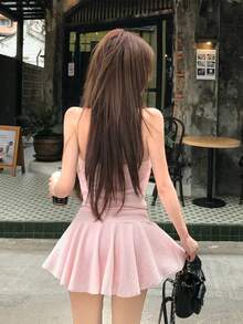 黑色性感二合一蕾丝连衣裙，露背设计，粉色夏季性感款式 - 粉色 - 查看 3