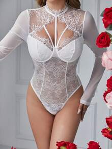 Vexica Women's White Lace Mesh Bodysuit With Underwire, Sexy Long Sleeve Sheer Slim Fit Teddy For Night Out & Party. - White - View 6