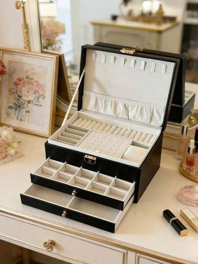 1pc 3-Layer Large Capacity Jewelry Box, Big Jewelry Display Storage Box, PU Leather Multi-Function Jewelry Box, Jewelry Organizer Box, Lockable Jewelry Box, Drawer Style Jewelry Box, Jewelry Organizer Accessories, Jewelry Storage Box, Suitable For Necklaces, Rings, Earrings, Watches, Jewelry Organization, Jewelry Box Organizer, Holiday Gift, Women Gift, Christmas Gift