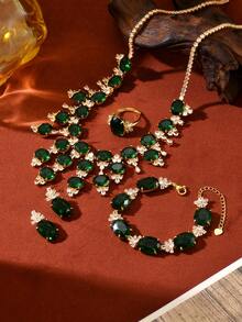5pcs Luxury Copper Inlaid Green Zirconia Women Jewelry Set, Engagement Party Accessories - Multicolor - View 2