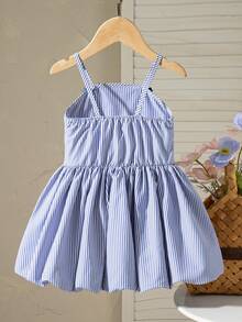 Vestido casual de verano para niñas bebé con nuevo diseño lindo, decorado con moño, a rayas, parche floral con volantes, estilo princesa adecuado para uso al aire libre - azul real - Ver 3