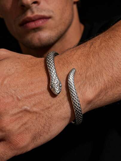 1 pieza Brazalete de metal texturizado con forma de serpiente y incrustaciones de diamante de imitación, diseño oscuro y de nicho, accesorio de moda adecuado para uso diario, citas, cumpleaños