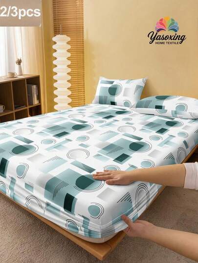 2/3 Pcs/Set Mint Green Geometric Pattern Fitted Sheet Set Without Filler, Fitted Sheet Set For Bedroom Brushed Microfiber Breathable And Comfortable 1pc Fitted Sheet + 1/2 Pcs Pillowcase Without Filler, Back School Bedding Dormitory Bedding Set