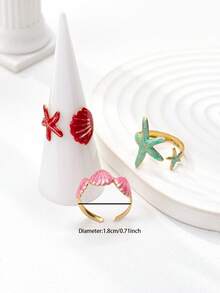 3pcs/Set Summer Beach Style Enamel Star Open Ring For Women - Multicolor - View 3