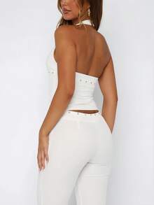 Women's Buckle Halter Top, Y2K Plunge Neck Open Back Crop Tops Front Cut Out Sleeveless Slim Tank Tops Summer Hollowed Vest Shirt For Club Party Streetwear - 白色 - 查看 3