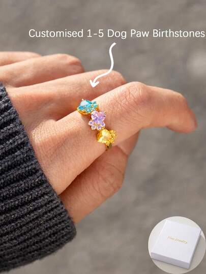 A Customisable Adorable Pet Paw Print Ring, Coloured Zirconia Ring, Animal Lover Jewellery, Multicoloured Dog Paw Print Ring, Pet Enthusiast Ring