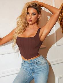 PARTHEA Women's Square Neck Asymmetrical Hem Boning Bustier Camisole Summer - Brown - View 4