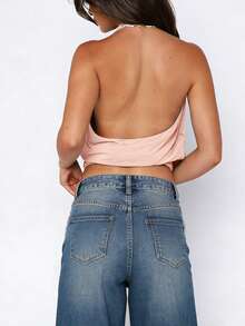 Women Cowl Neck Halter Tops Draped Front Low Cut Backless Tank Top Ruched Open Back Going Out Tops - Pink - View 6