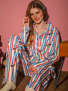 女士条纹睡衣套装（两件套），长袖开衫和长裤，适合春、秋、冬三季居家穿着。 - 彩色 - 查看 1