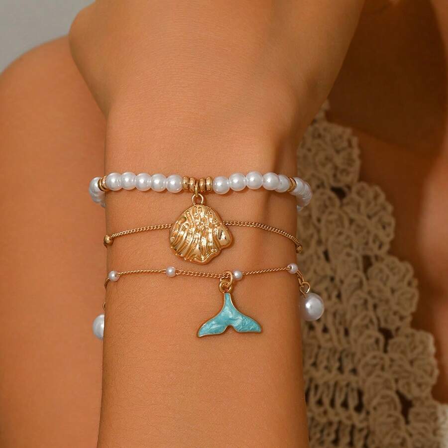 2pcs Double Layer Ocean Style Enamel Blue Whale Tail Pendant Bracelet Set, Suitable For Beach, Party, Date, Daily Wear - White - View 1