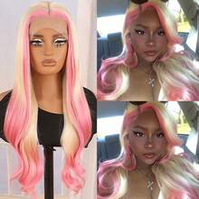 Blonde With Pink Skunk Stripe Body Wavy 13x4 Lace Front Synthetic Wig - Pink Ombre Blonde Long Wave Wig, Heat Resistant Fiber, Pre-Plucked Hairline, 3 Combs & Adjustable Straps, 28 Inch For Women Perfect For Daily Wear, Party, Cosplay & Dating - 挑染粉色 - 查看 12