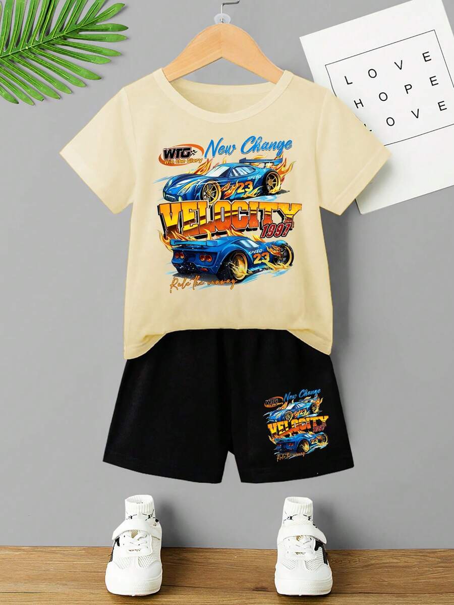男童休闲汽车图案T恤短裤套装，夏季 - 杏色 - 查看 1