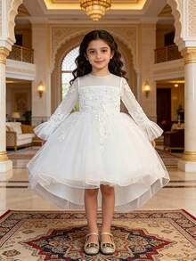 Long Sleeve Lace Patchwork Flower Girl Dress, Trailing Formal Gown For Wedding, Piano Recital - White - View 1