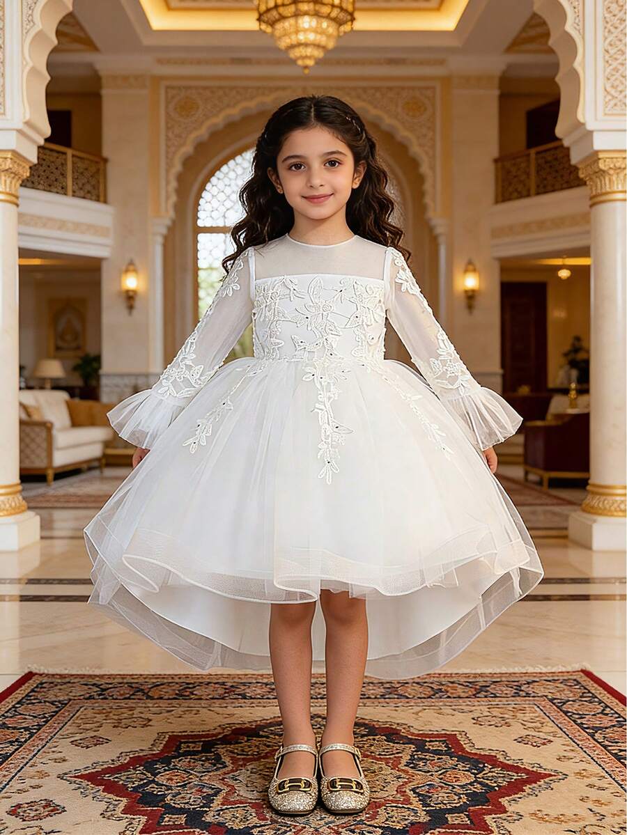 Long Sleeve Lace Patchwork Flower Girl Dress, Trailing Formal Gown For Wedding, Piano Recital - White - View 1