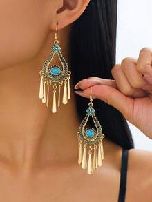 1 Pair Bohemian Turquoise Tassel Drop Earrings, Vintage Gold Plated Dangle Earrings For Women, Retro Teardrop Boho Jewelry For Party & Vacation - Ancient Bronze - View 8