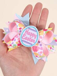 1个装 女孩复活节快乐发夹 马卡龙色罗缎丝带鳄鱼夹 可爱复活节主题印花发卡 节日发夹 派对发夹 青少年发饰 甜美女孩复活节拍照道具 - 彩色 - 查看 5