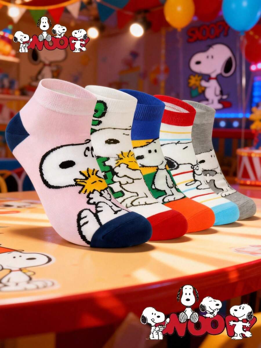 SNOOPY 1/5 pares de calcetines cortos de tubo con diseños de dibujos animados, cómodos y suaves calcetines deportivos para mujeres, patrones de dibujos animados creativos para mujeres, versátiles y de moda, calcetines suaves y cómodos - Multicolor - Ver 1