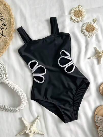 Girls' Colorful Patchwork Hollow-Out One-Piece Swimsuit, Black Strap Beach & Pool Swimming Costume