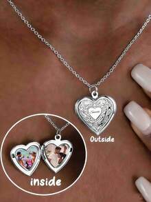Customized Photo Heart-Shaped Stainless Steel Necklace, Personalized Vintage Oval Heart-Shaped Box Can Hold 2 Photos, Memorial Pendant Gift For Her, Suitable For Mother's Day, Valentine's Day, Christmas, Birthday, Anniversary, Wedding, Thanksgiving, Best Friend Gift, Daily Wear Delicate Chain Necklace, Women's Fashion Memorial Jewelry - Multicolor - View 13