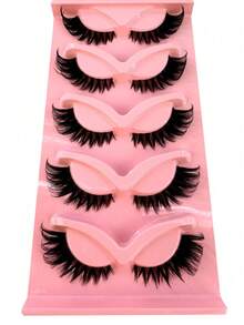 5对猫眼5D仿貂毛假睫毛，蓬松柔软交叉自然浓密日常佩戴 - 黑色 - 查看 4