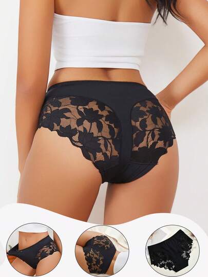 FINETOO Women's Lace Patchwork Hollow Out Waist Bow Decor Romantic Sheer Sexy Panties