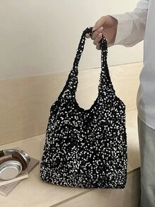 Fashionable Sequin Tote Bag, Chic Starry Sky Glitter Shoulder Handbag, 2026 New Arrival - Silver - View 2