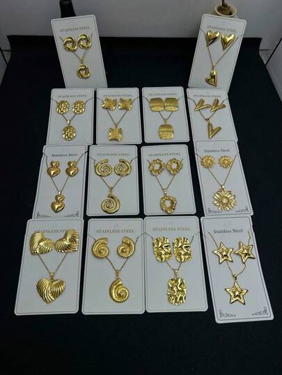 24pcs/Set Luxury Stainless Steel Earrings And Necklace Set, Featuring Geometric Heart And Floral Shell Designs. Sparkling And Charming Style Inspired By Dubai, Middle East. Suitable For Weddings, Parties, New Year Gifts, And All-Season Accessories. (Random Delivery)