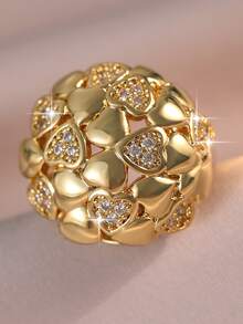 1枚复古风格圆形全心形单戒指，镶嵌奢华立方氧化锆，适合女性订婚、约会、宴会、舞会、派对装饰，铜质首饰礼品 - 愛心 - 查看 8