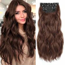 一套4片长款波浪卷发夹式接发，22英寸，采用柔软卷曲的厚实纤维，双层缝制。黑色、棕色和金色系，是女性参加派对、角色扮演、圣诞节、万圣节和约会的理想合成假发。 - 彩色 - 查看 16
