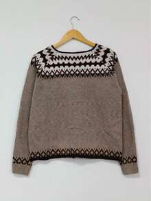 Women's Knitted Long Sleeve Regular Length Ribbed Knit Sweater With Fair Isle Pattern Cardigan - Maroon - View 4