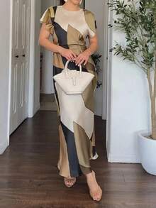 DEEKA Summer New Women's Fashion Simple Cinched Waist Satin Pleated Printed Dress - Yellow - View 5