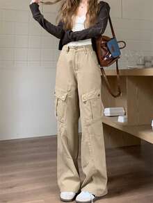 Women's Button Casual Versatile Daily Wear Washed Denim Wide Leg Pants Spring - Khaki - View 4