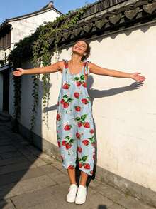 Women's Strapless Italian-Style One-Piece Dress -  Vintage Print High-Waisted Wide-Leg Pants, Sleeveless One-Piece Pants - 藍色 - 查看 4