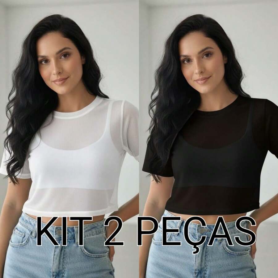 Women's Cropped Blouse With Short Sleeves In Tulle - Versatile Fashion Blogger Style - New For 2025 - Black and White - View 1