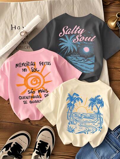 3pcs/Set Tween Girls Students Casual Printed Round Neck Short Sleeve T-Shirts, Summer Tops