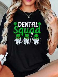 St. Patrick's Day Dental Squad Leprechaun Teeth Tooth Dentist T-Shirt Women's Round Neck Short Sleeve T-Shirt Fashion Graphic Tees Women Top - Black - View 6