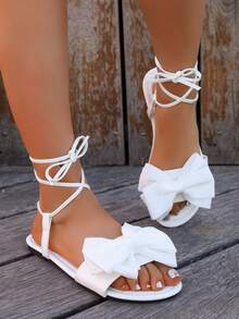 YuanQian New Women's Flat Bow Banquet Shoes, Roman Style Flat Sandals, Wedding Beach Vacation Elegant Cross Strap Sandals, White - White - View 4