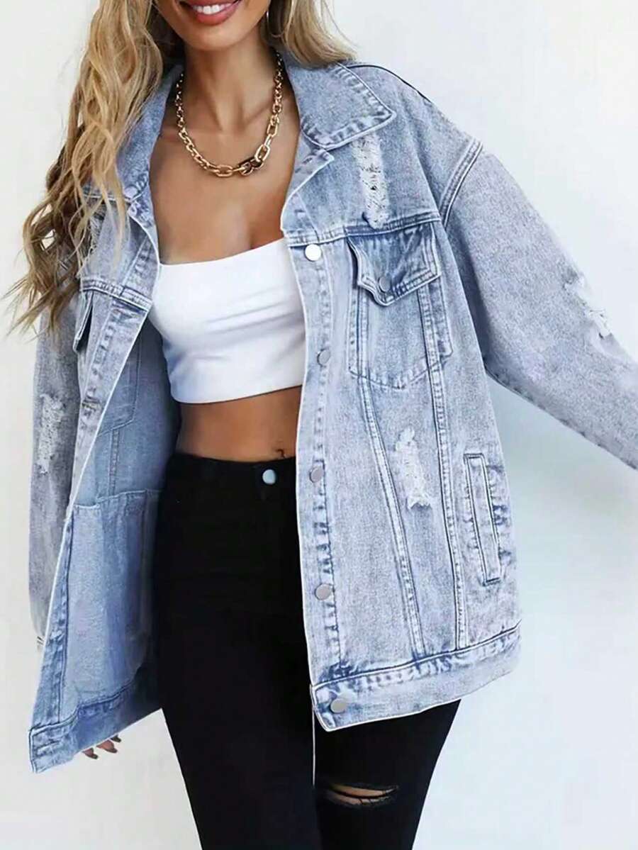 Women's Distressed Button Front Denim Jacket, Long Sleeve, Casual Regular Fit Spring - Light Wash - View 1
