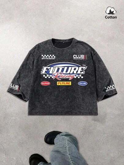 男士夏季街头时尚赛车徽章图案方领T恤，略带弹力水洗复古摩托车风格黑色休闲日常穿着短款T恤