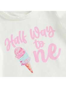 Half Way To One Newborn Baby Girls Birthday Outfits Letter Print Romper Bodysuit Top + Strawberry/Ice Cream/Orange/Watermelon Print Shorts + Bow Headband 3Pcs Clothes Set - 西瓜粉 - 查看 7