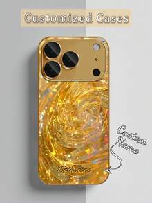 1pc Customized Name, Starry Sky & Sunburst Swirl Pattern Electroplated Gold Glass Phone Case Compatible With Iphone 17 Pro Max/16 Pro Max/15/14 Plus/13 Pro/12 Pro Max/11/Xs Max/8/7/6 Plus Phone Accessories - Gold - View 6