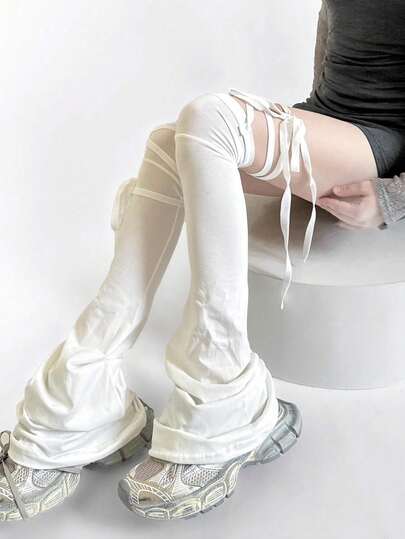 1 Pair Harajuku Style Thigh High Leg Warmers, Slimming Black/White Over-The-Knee Leg Warmers, Fashion Lace-Up Leg Warmers, Irregular Ruffle Leg Warmers, Flared Leg Warmers, Versatile For Casual, Street, And Personal Style, Suitable For Spring, Autumn, Winter
