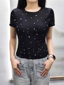 女士圆领短袖T恤，新款夏季波点高端上衣，时尚修身收腰美式性感女孩风格 - 黑色 - 查看 2